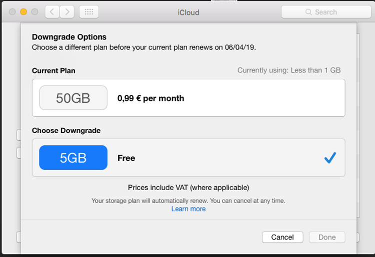 Choose the free 5 GB options as your downgrade option.
