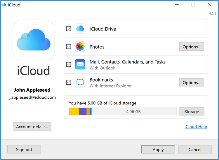 iCloud for Windows shows your usage at the bottom of the window.
